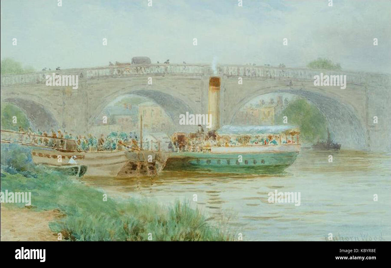Questo dipinto di Lewis Pinhorn Wood raffigura un piroscafo che arriva all'Old Kew Bridge di Londra, catturando l'essenza del trasporto di epoca vittoriana e del fiume Tamigi. Foto Stock