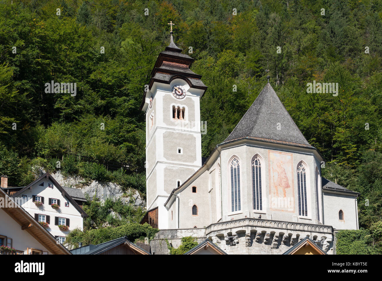 Vista del Maria Hilf la Chiesa del pellegrinaggio di Hallstatt Foto Stock