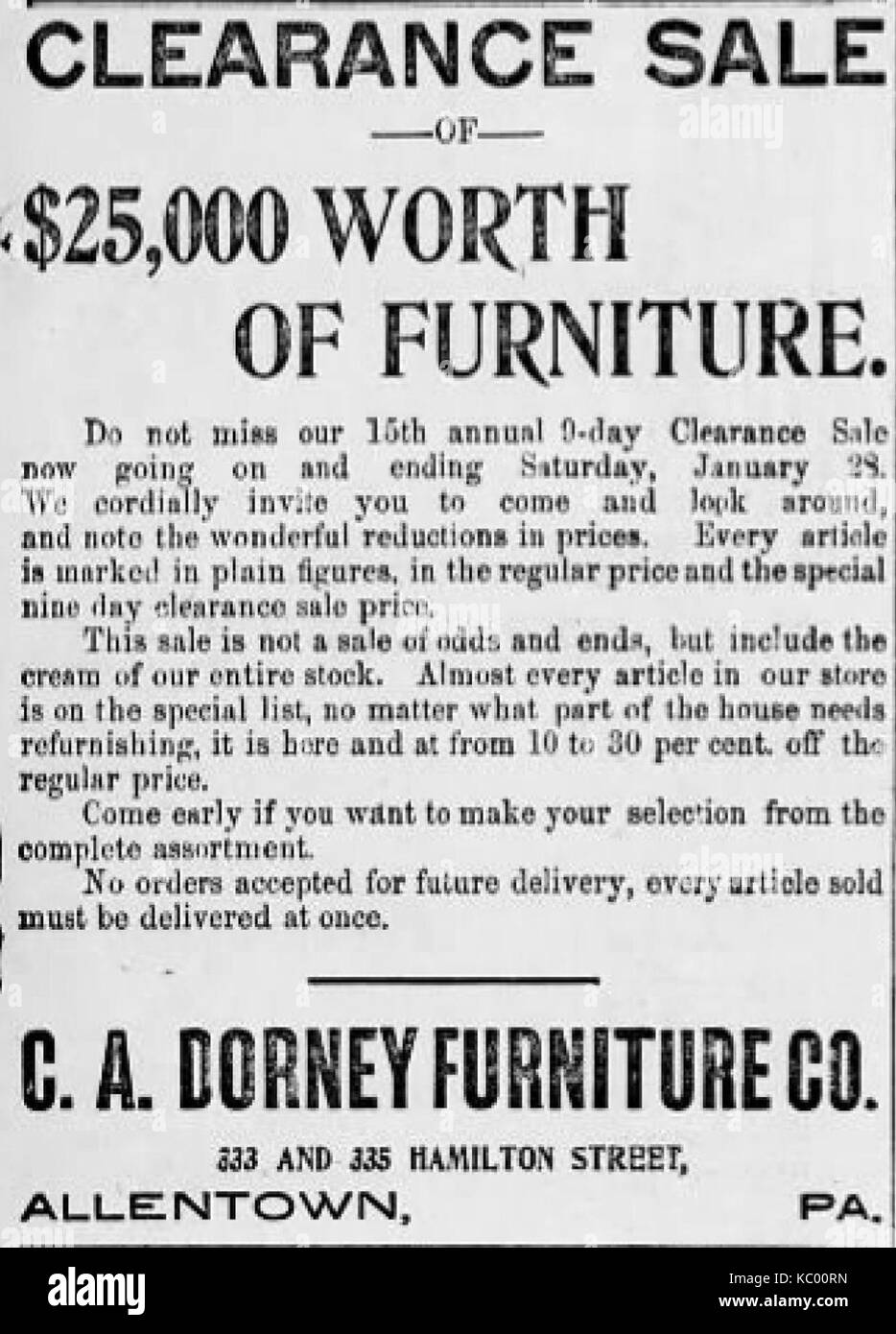 1899 C un arredamento Dorney Newspaper Ad Allentown PA Foto Stock