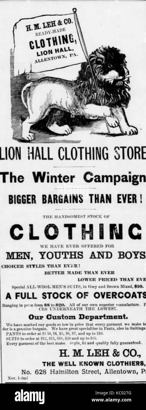 1883 H M Leh Newspaper Ad Allentown PA Foto Stock