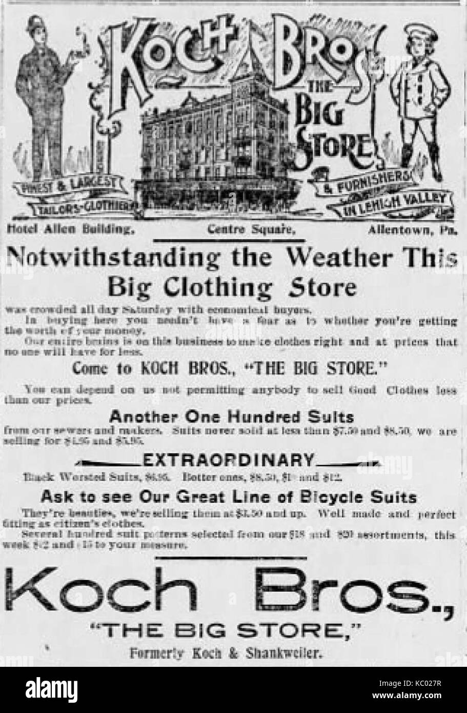 Questo annuncio del 1897 dei Koch Brothers di Allentown, Pennsylvania, offre informazioni sulle pratiche pubblicitarie e sul commercio locale della fine del XIX secolo. Foto Stock