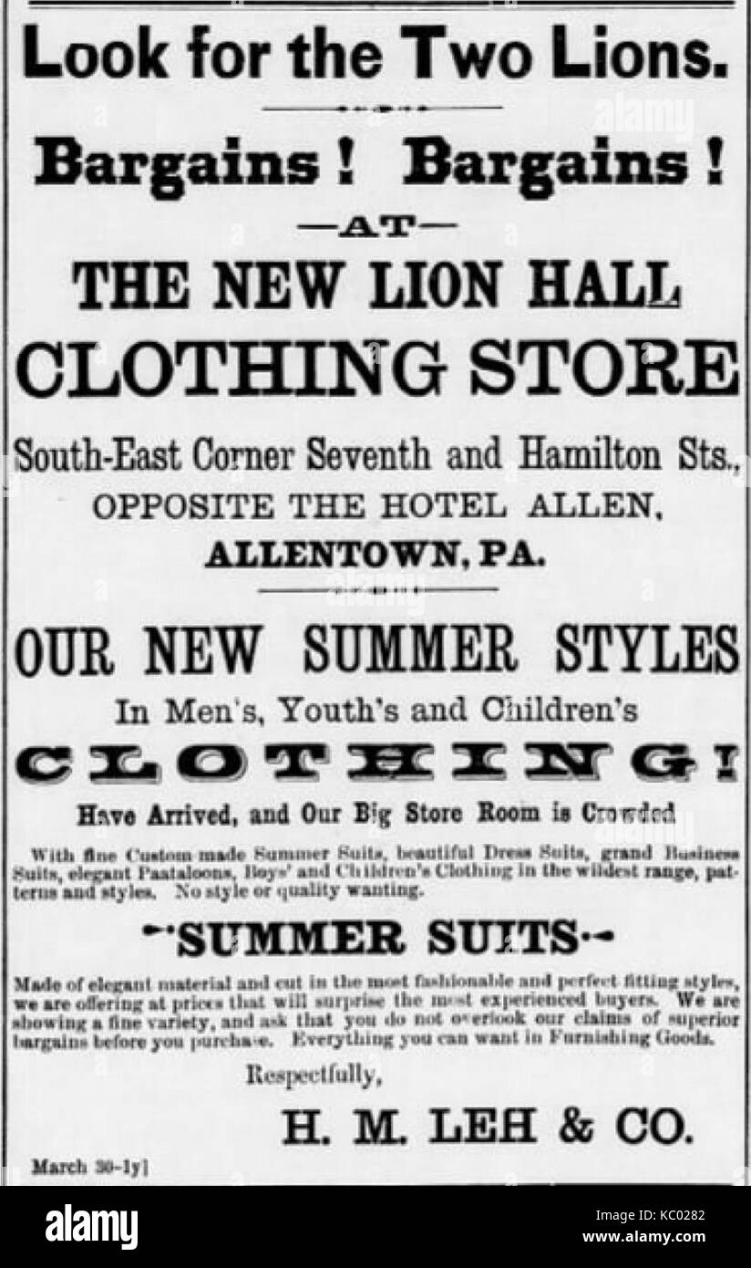 Questo annuncio di H. M. Leh & Co., datato 1889, è stato pubblicato su un giornale di Allentown, Pennsylvania, riflettendo le pratiche commerciali e il commercio locale durante il periodo. Foto Stock