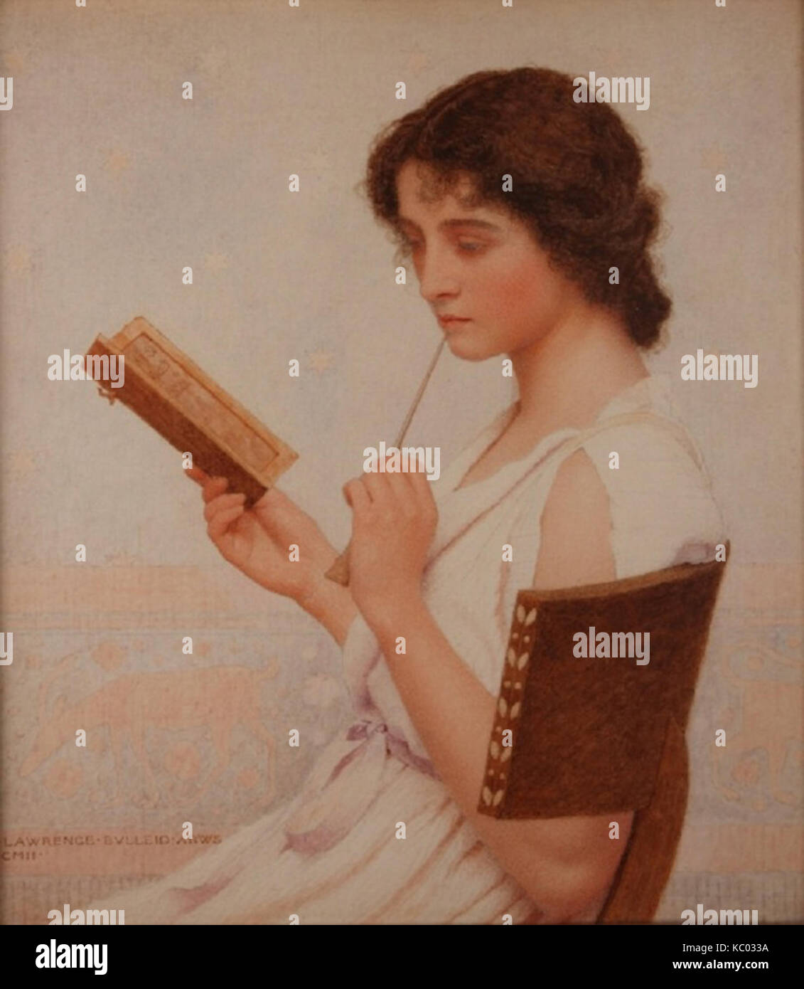 "The Love Letter" di George Lawrence Bulleid, dipinto nel 1911, cattura un momento di emozione intima, raffigurando una figura che consegna una lettera sentita. Riflette temi romantici dell'inizio del XX secolo nell'arte. Foto Stock