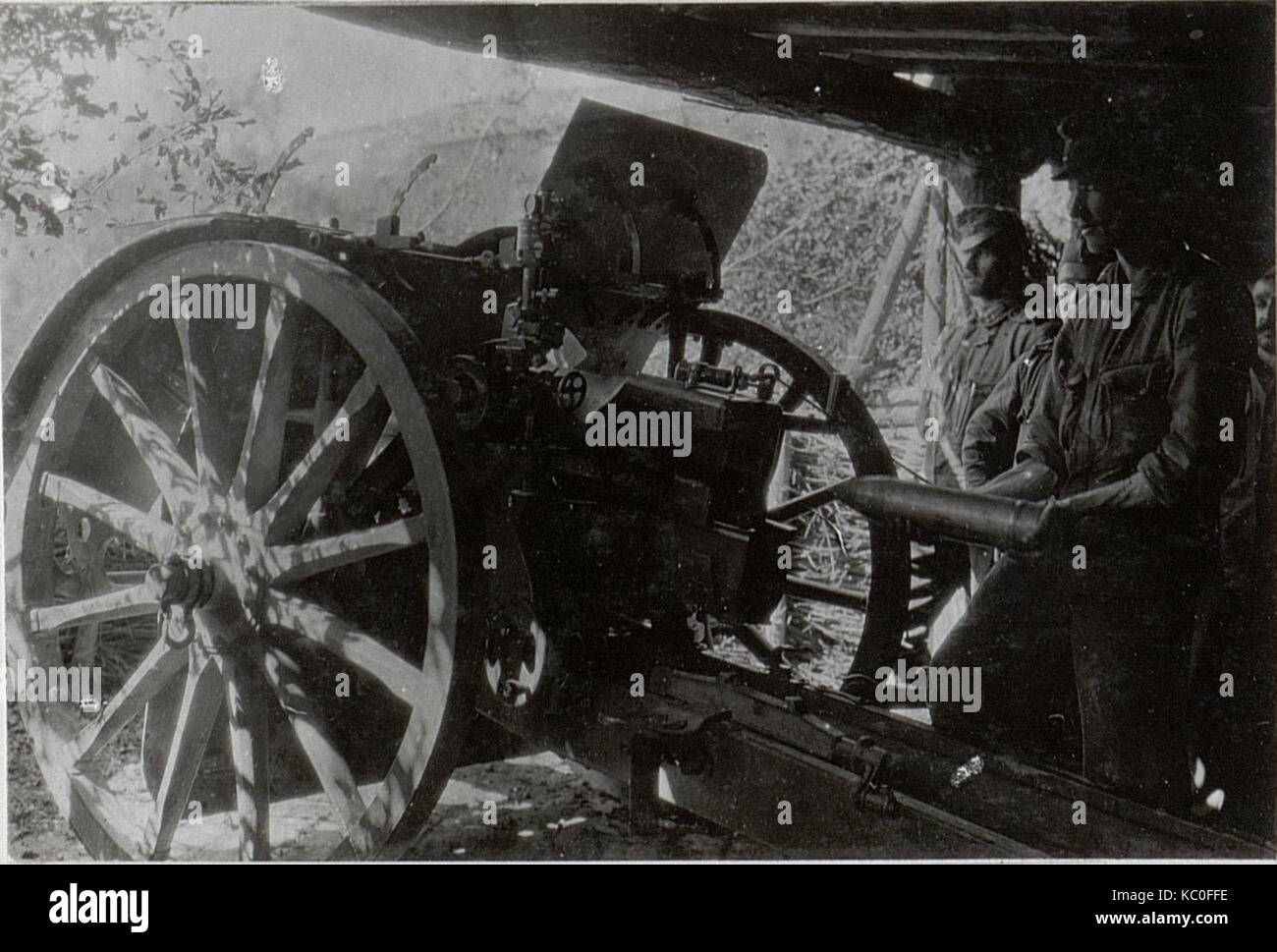Questa immagine raffigura un Feldhaubitze (obice da campo) vicino a Bukovica, che mostra l'artiglieria militare utilizzata durante un conflitto storico, probabilmente la prima guerra mondiale o prima. Foto Stock