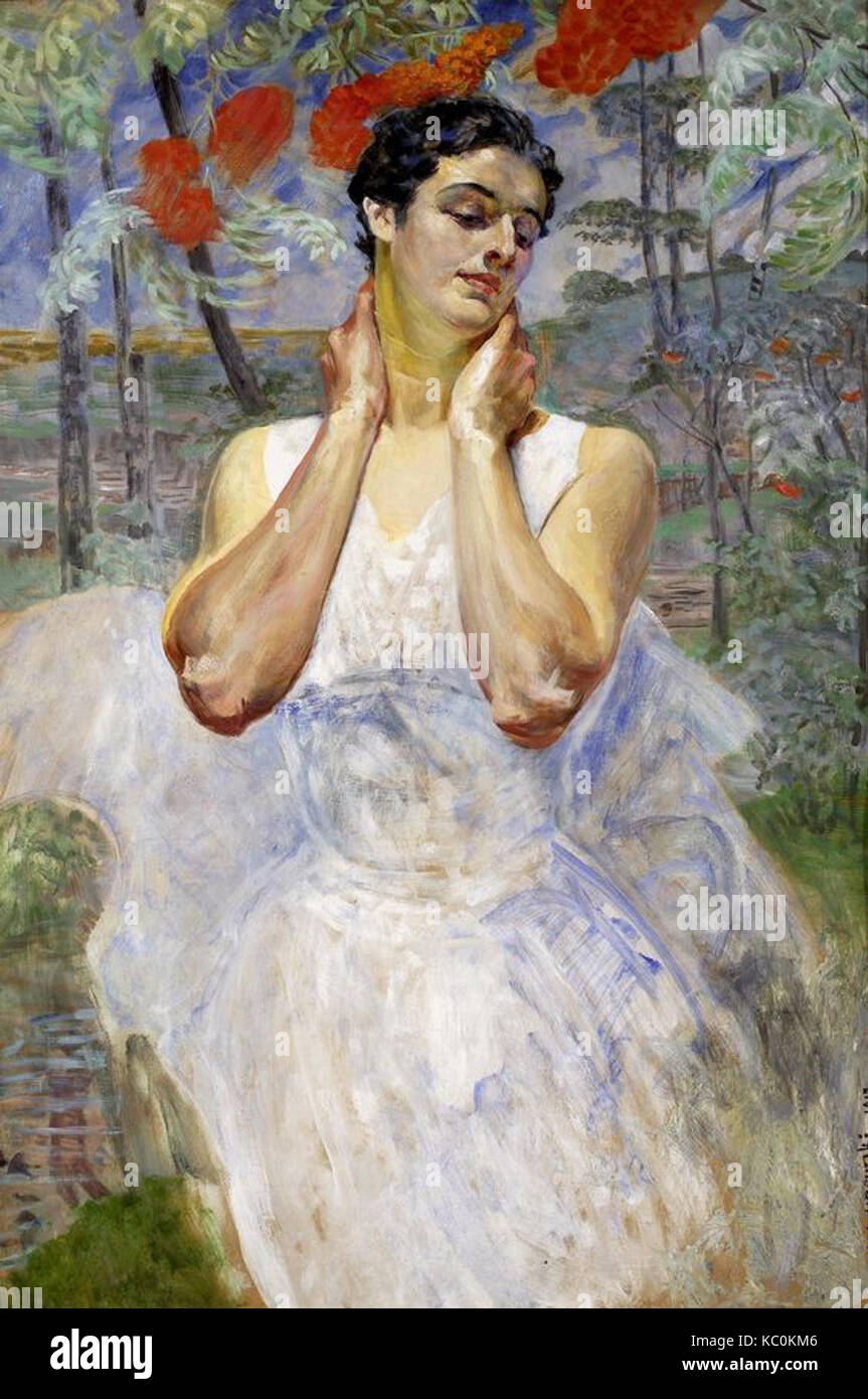 Il "Ritratto di una donna contro gli alberi di Rowan" di Malczewski combina ritratti realistici con elementi simbolici. Gli alberi rowan simboleggiano la protezione e la forza, mentre il ritratto della donna riflette la profondità emotiva e la connessione con la natura. Foto Stock