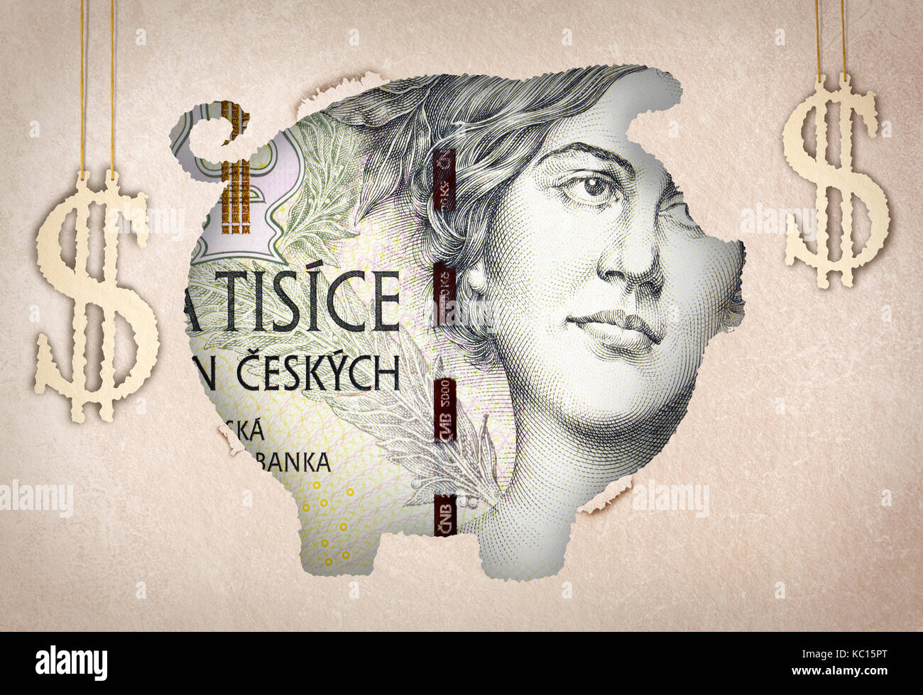 Un denaro bill dietro una carta colorata spaccato di un salvadanaio Foto Stock