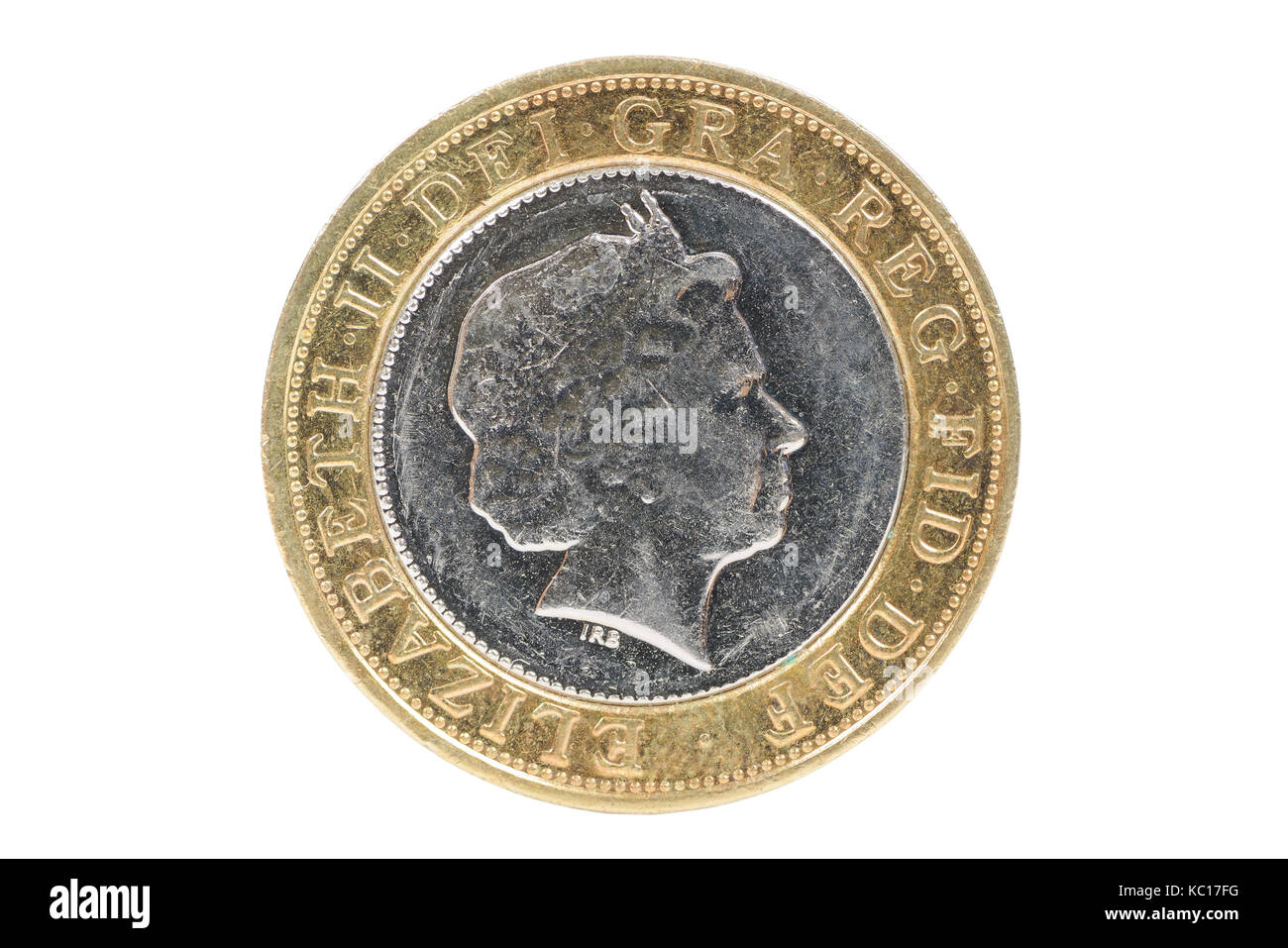 Primo piano della british 2 libbre di moneta isolato su sfondo bianco con tracciato di ritaglio Foto Stock