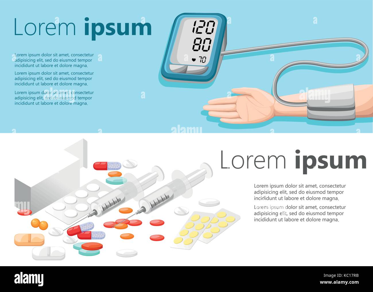 Design piatto moderno vettore illustrazione per la salute e le cure mediche concetto compresse dispositivi medici pagina del sito web e mobile app elemento di design Illustrazione Vettoriale