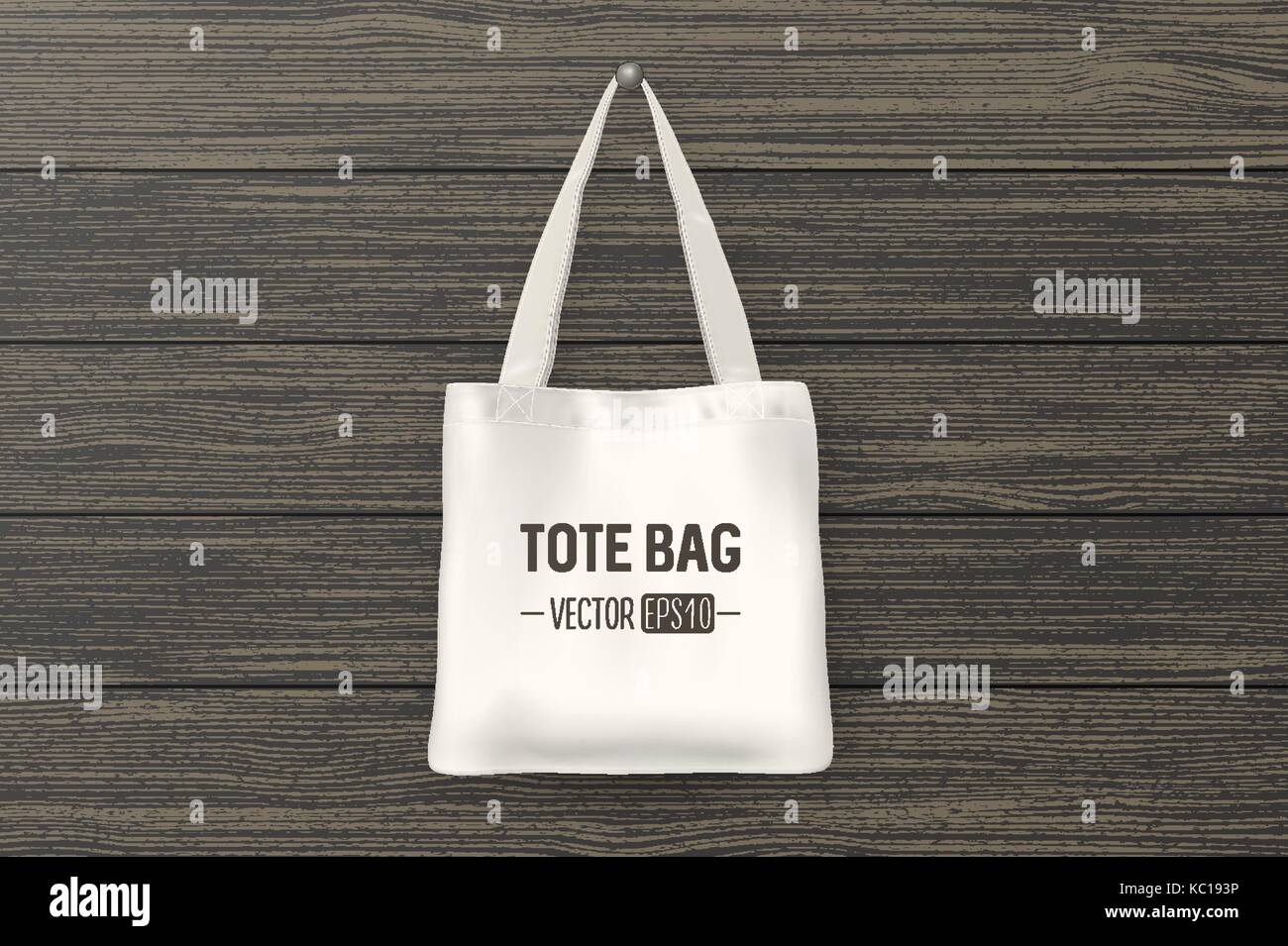 Vettore realistico tessile bianco tote bag. primo piano su uno sfondo di legno. Il design del modello per il branding, mockup. eps10. Illustrazione Vettoriale