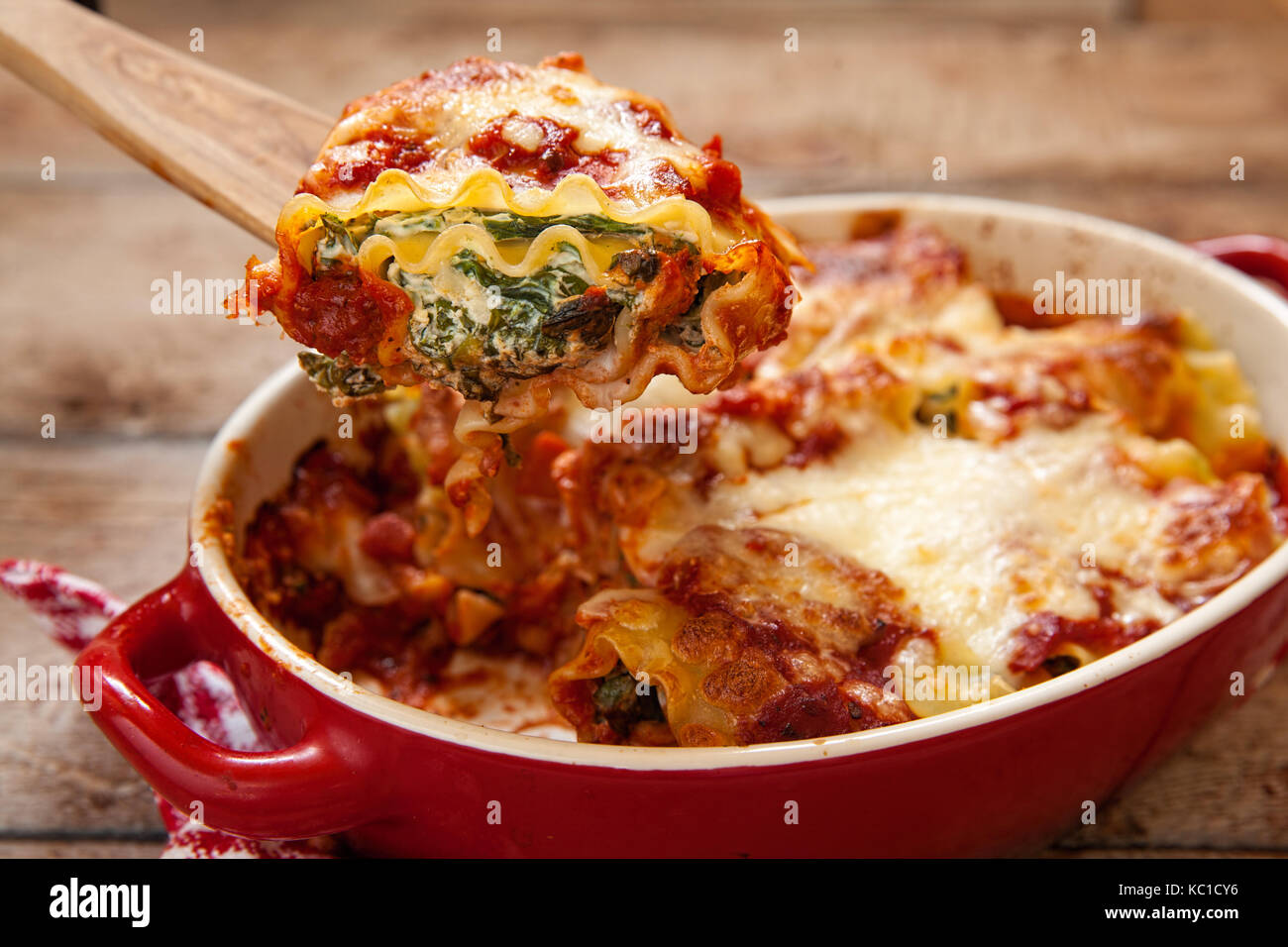 Le lasagne italiane rotoli con pomodori gli spinaci e ricotta Foto Stock