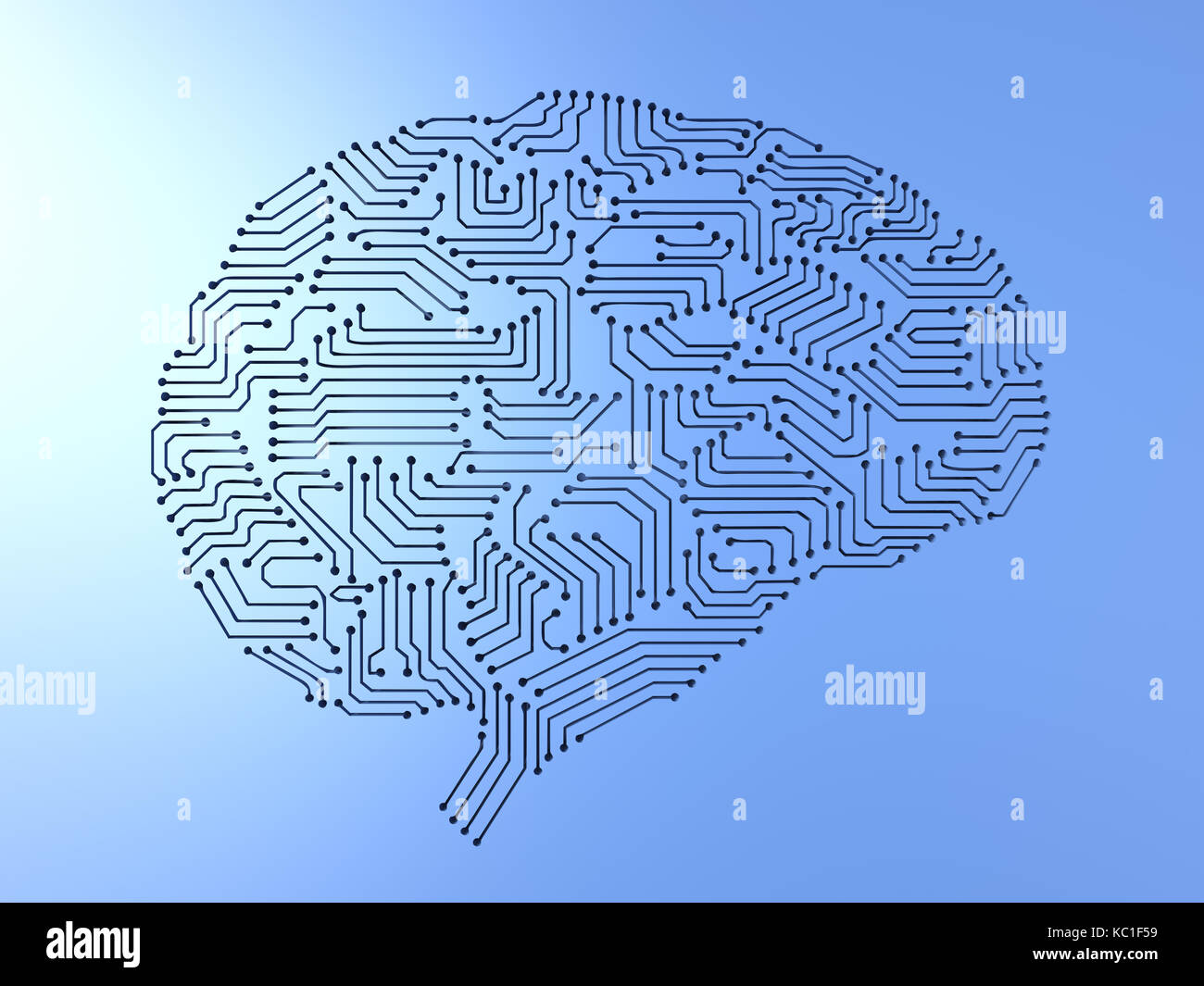 3D rendering di intelligenza artificiale del cervello o del circuito stampato nella forma del cervello Foto Stock