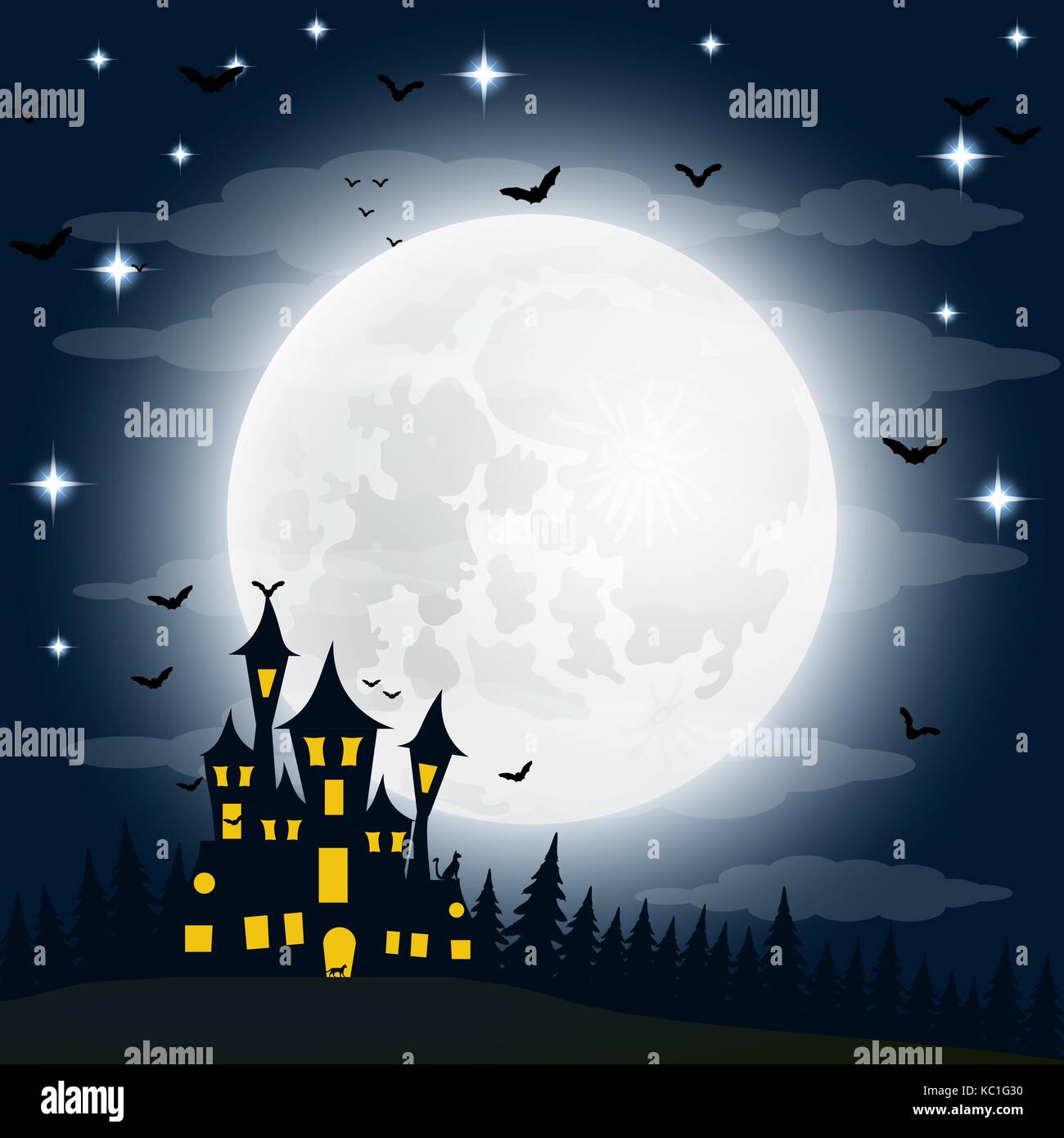 Halloween, la strega s house sulla luna piena. Illustrazione Vettoriale