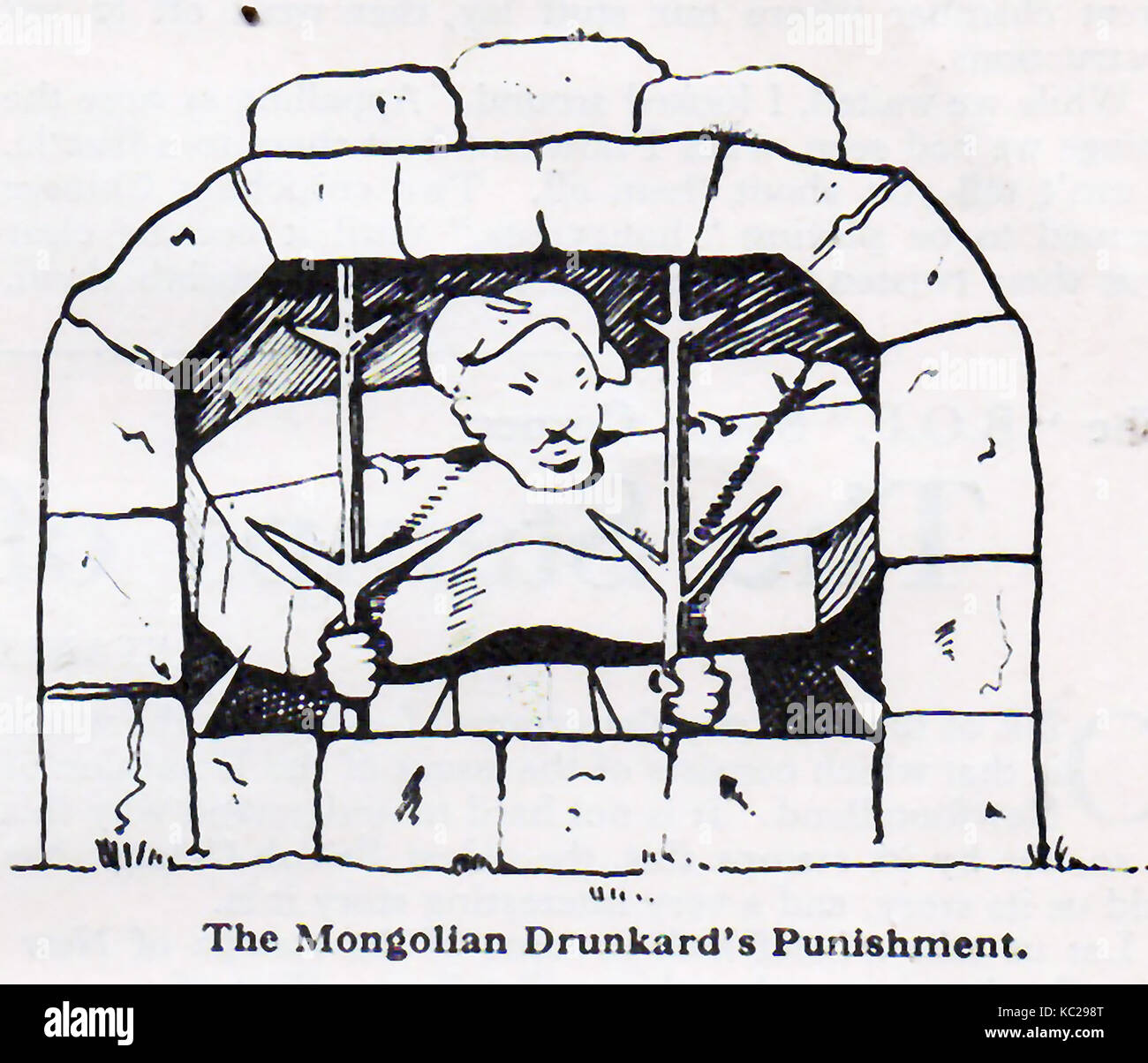 1930 - Immurement - criminalità,punizione e di esecuzioni in Mongolia come illustrato in una pubblicazione del tempo - un giornale nel 1914 riportato "hut fino alla vita in pesante ferro-bound bare, che non permettono loro di sedersi in posizione verticale o sdraiarsi. Questi prigionieri vedere la luce del giorno solo per pochi minuti al giorno quando il cibo è gettato nel loro bare attraverso un piccolo foro' Foto Stock
