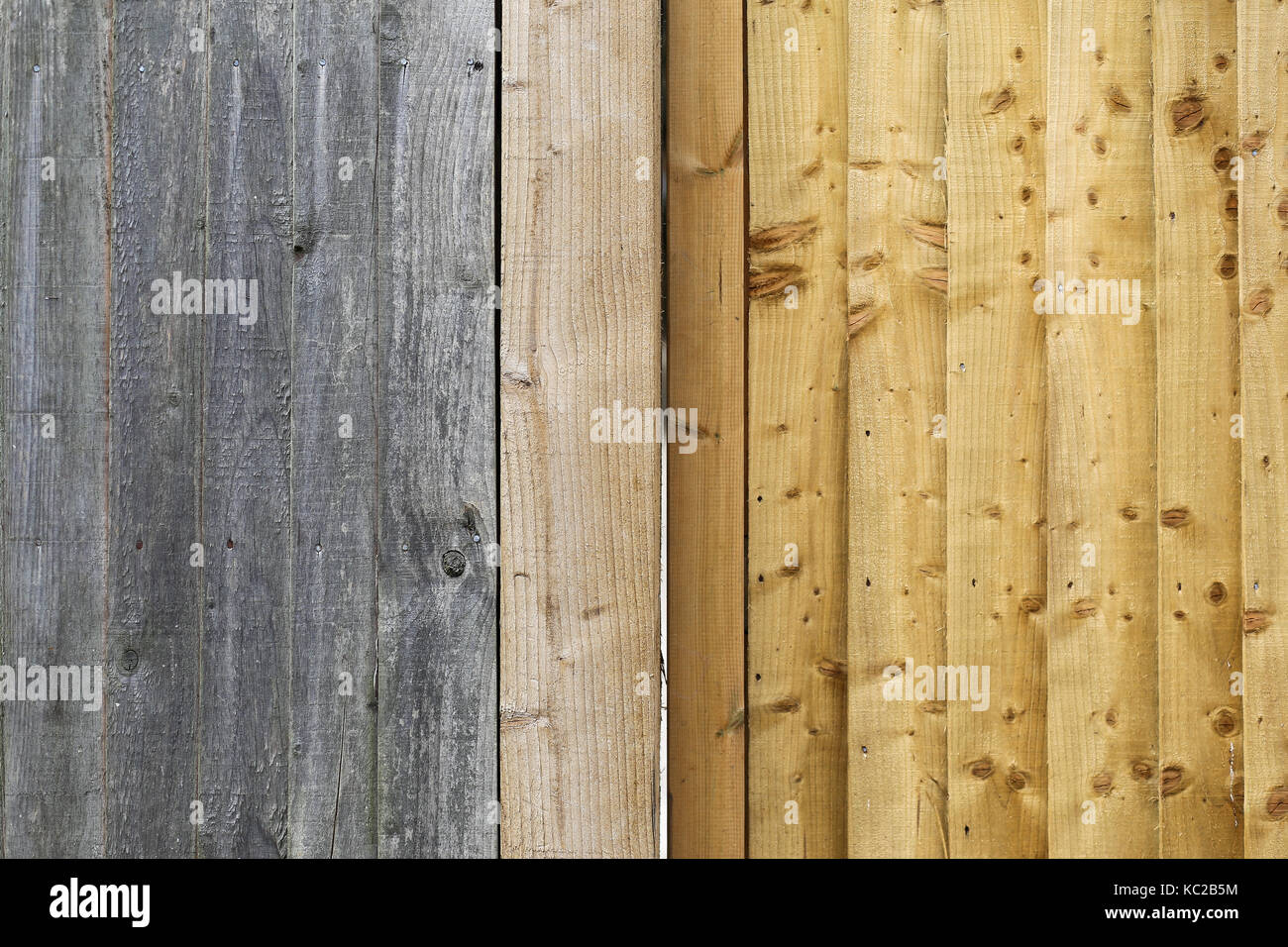 Grigio vecchio recinto spiovente plance e nuova luce marrone oro Sfondo legno Foto Stock