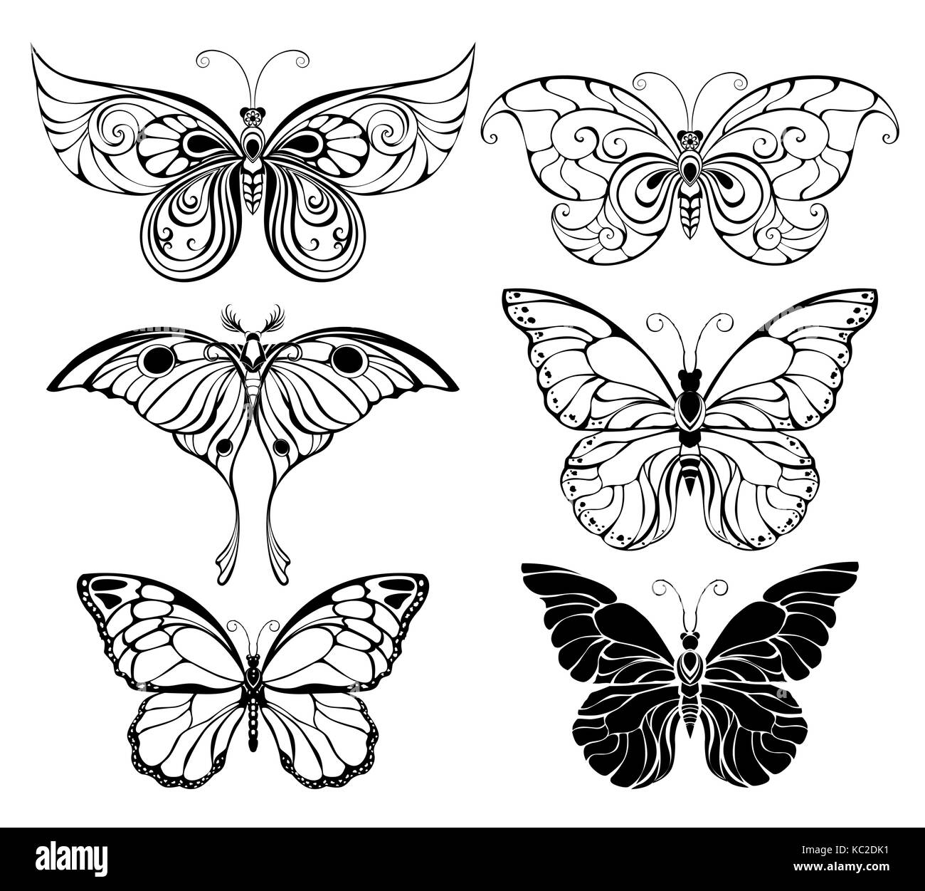 Set di artisticamente disegnato, contorno, farfalle nero su uno sfondo bianco. Farfalle. Elemento di design. Illustrazione Vettoriale