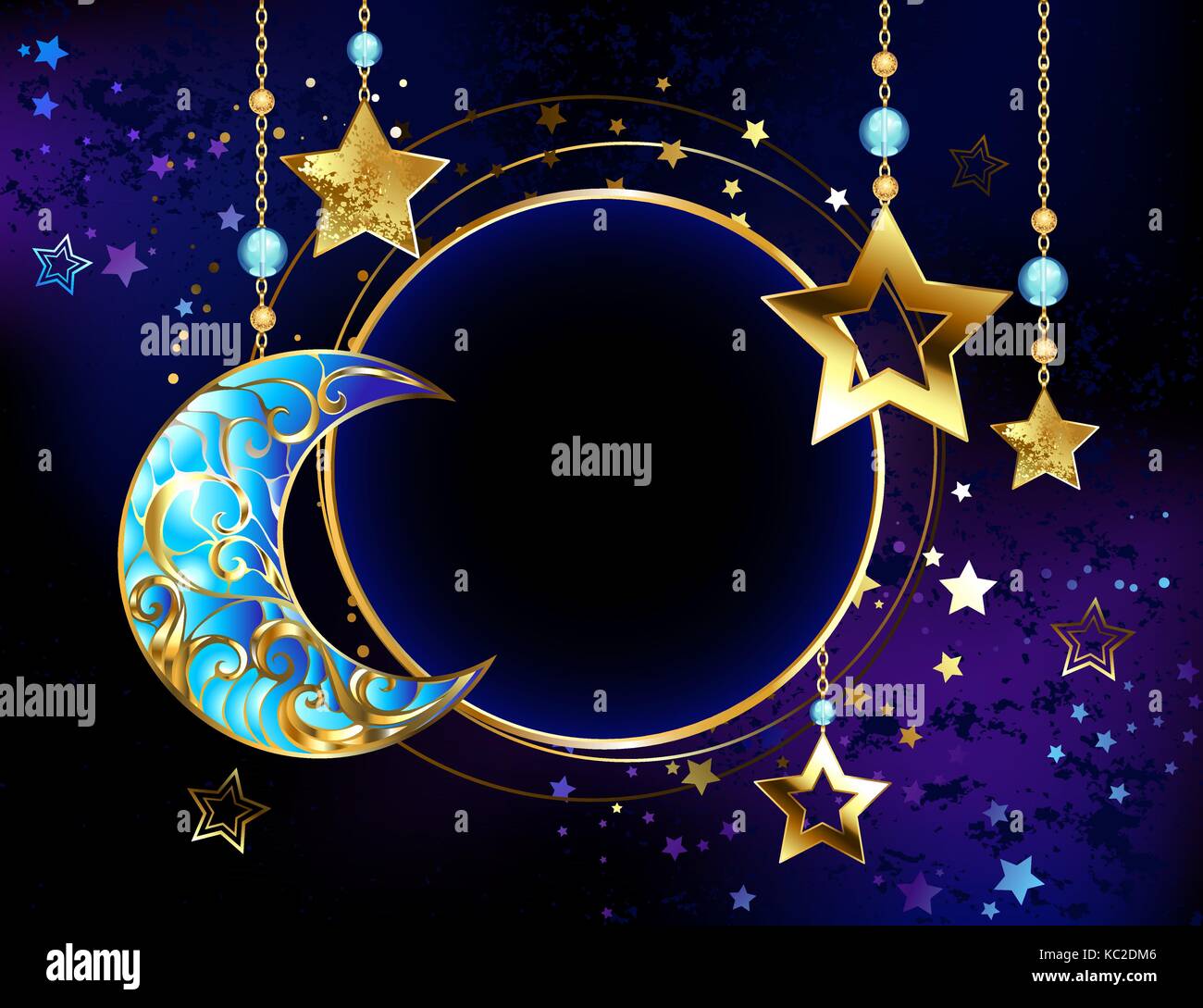 Round banner con un gioiello crescent e stelle dorate su catene d'oro su un luminoso fondo cosmico. golden star. gioielli crescent. Illustrazione Vettoriale