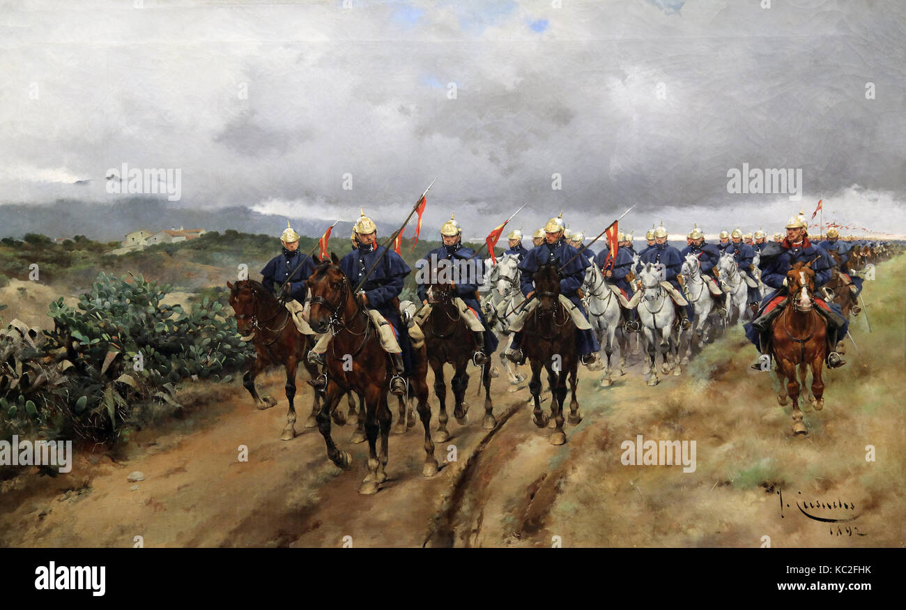 Reggimento sul marzo 1892.un dipinto del soldato spagnolo e pittore di Josep Cusachs 1851-1908 Foto Stock