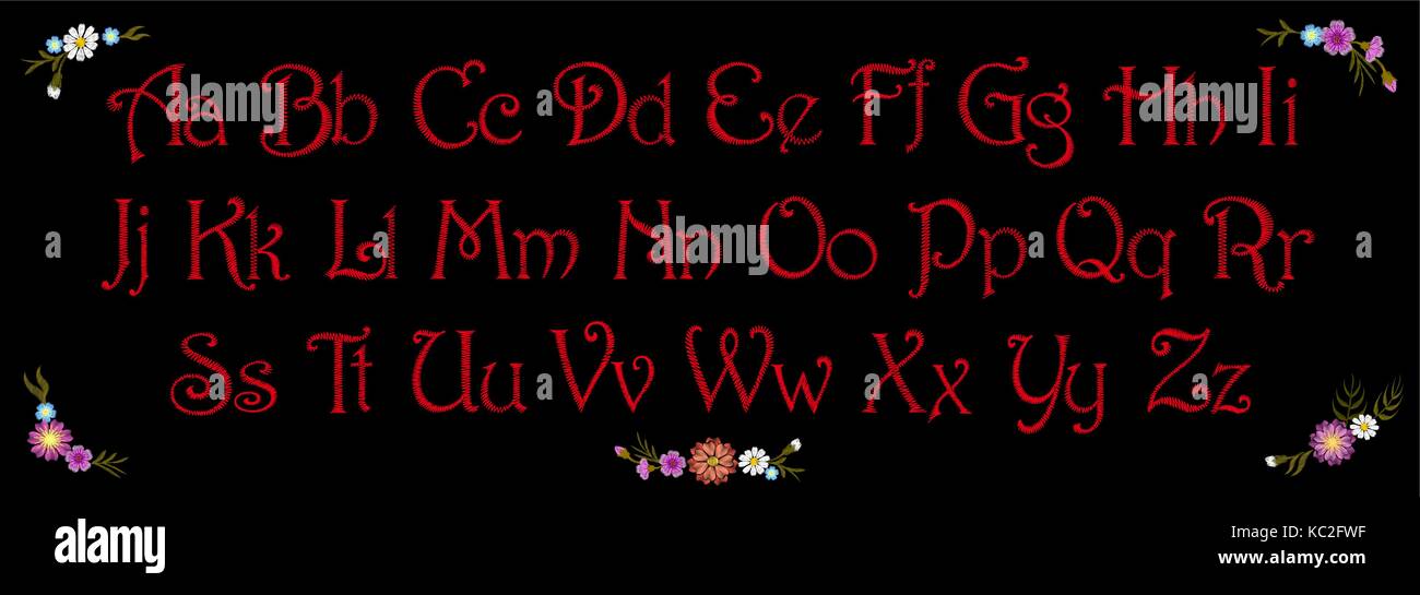 https www alamy it foto immagine ricamo alfabeto vintage carattere tipografico set ricamato inglese lettere latine per tessuti moda stampa iscrizione patch maglia rossa sulla parte posteriore in nero 162325563 html