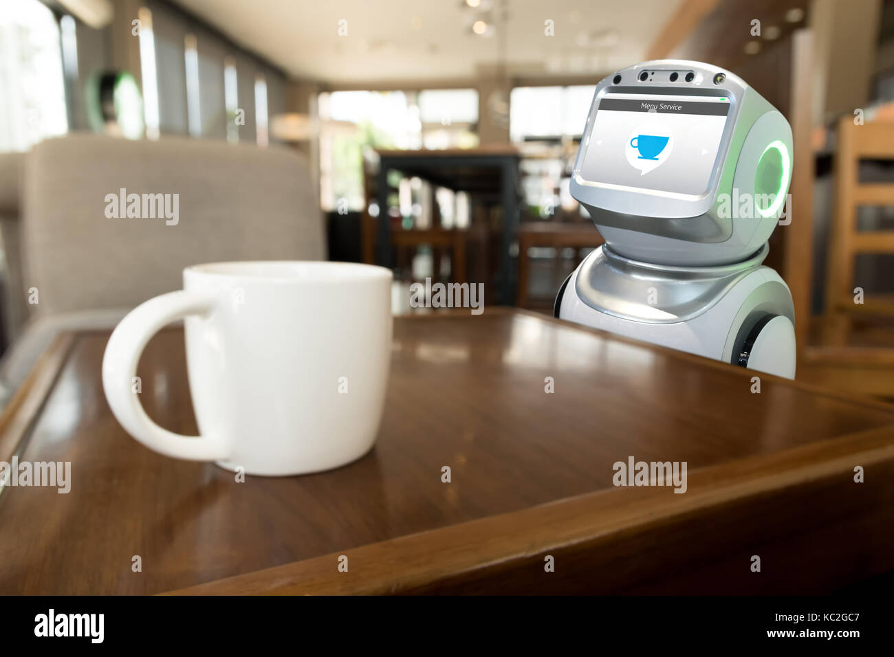 Robotics Tecnologia Tendenze concetto aziendale. Autonomo assistente personale servizio personale robot per ordine di menù del ristorante e la tazza di caffè. Foto Stock