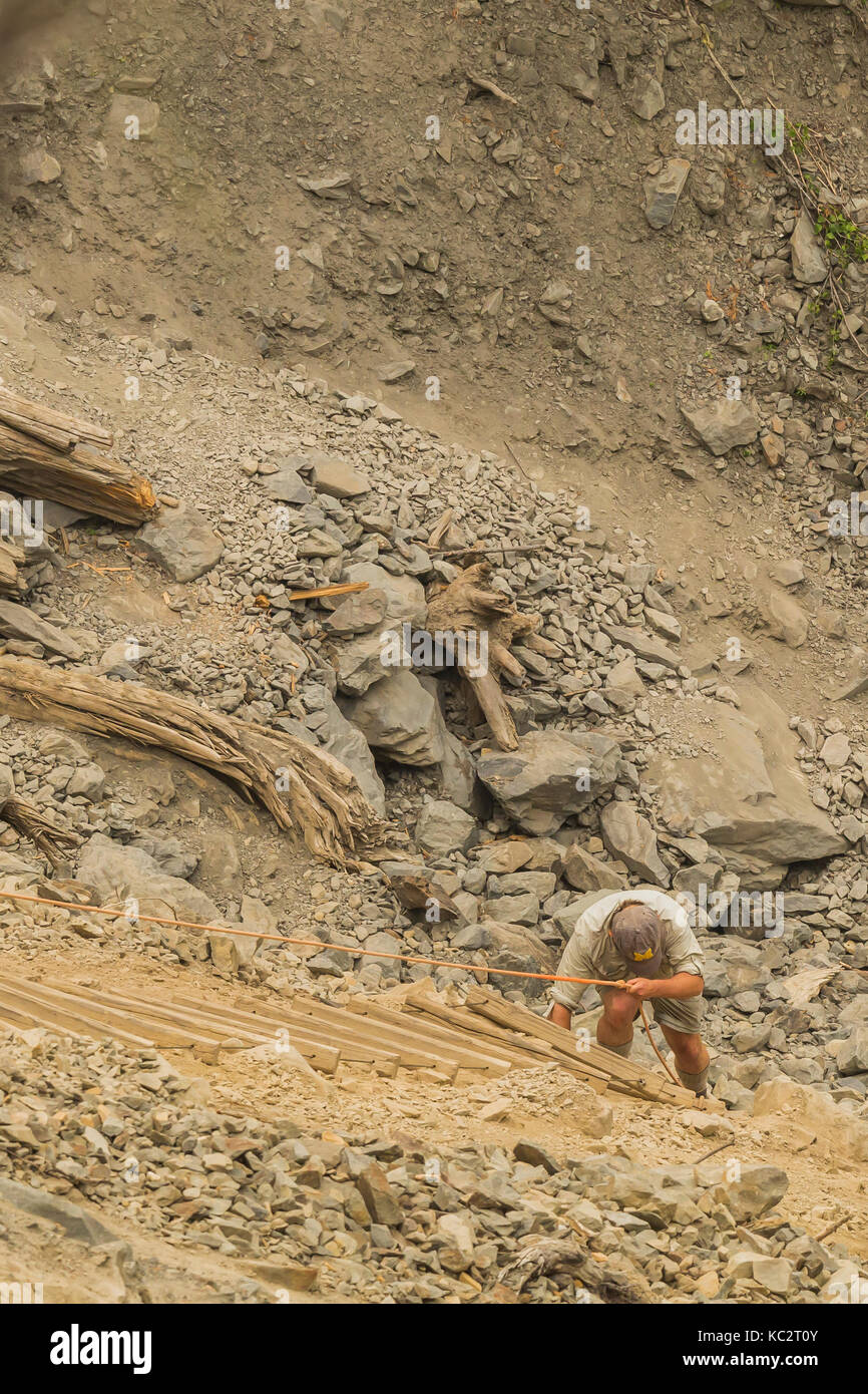 Backpacker Lee Rentz scendendo una lunga e ripida scaletta di corda lungo la parete di un washout vicino a Glacier Prati Camp sull'Hoh River Trail in Olympic Nati Foto Stock