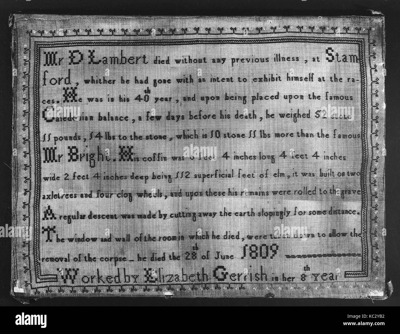 Campionatore, 1809, British, seta su lana, H. 10 3/8 x W. 13 3/4 pollici (26,4 x 34,9 cm), Textiles-Embroidered Foto Stock