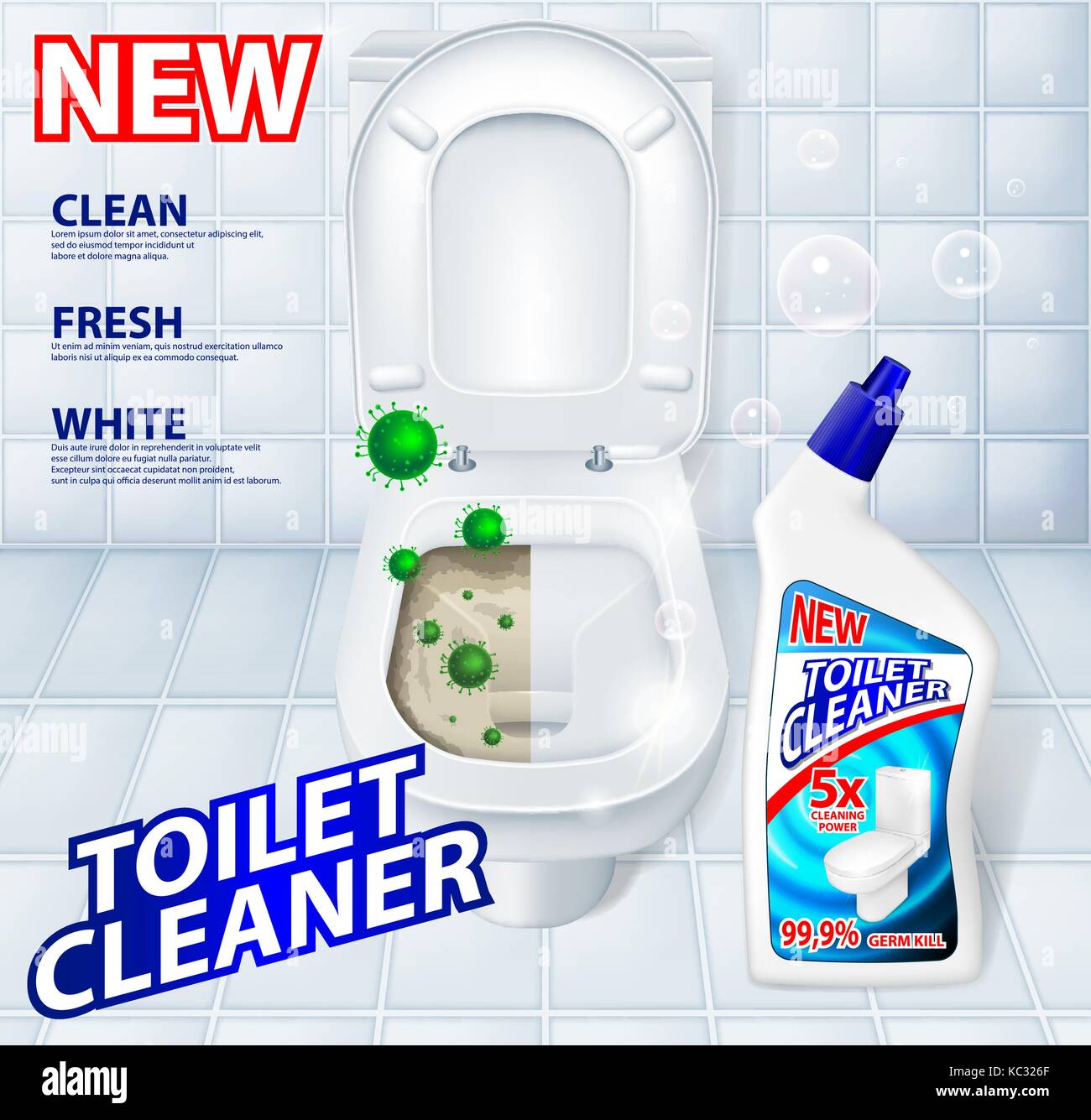 Servizi igienici antibatterici, detergente inserzionista compresi green microbi e bolle di sapone. realistico wc gel detergente confezione di plastica. 3d illustrazione vettoriale Illustrazione Vettoriale