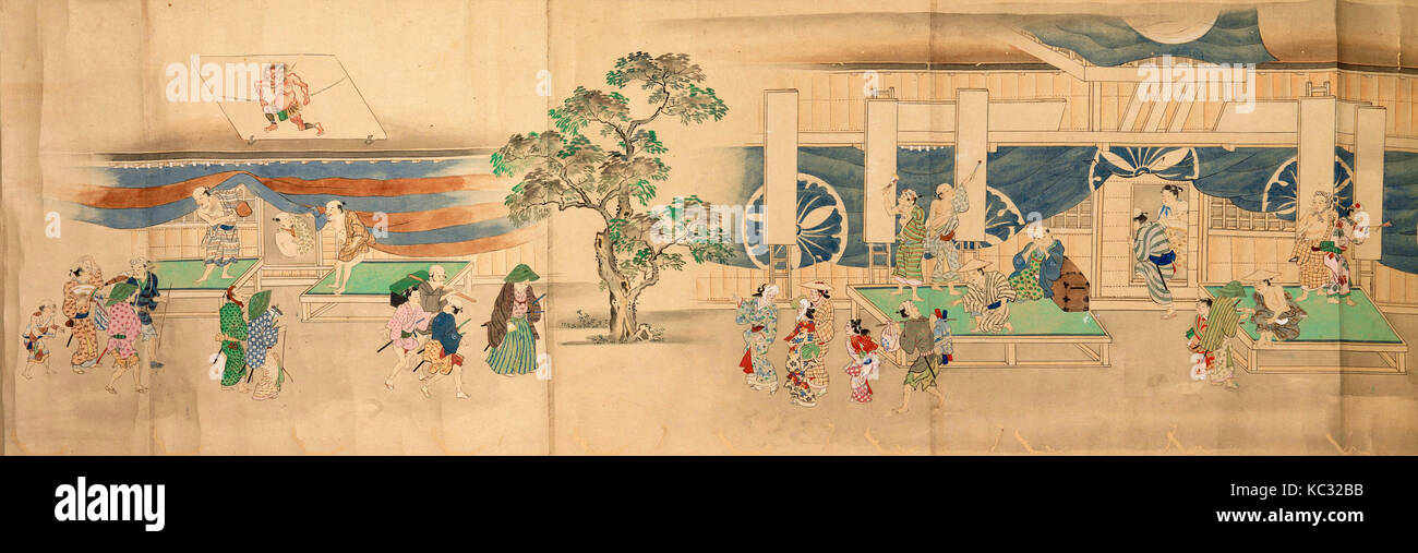 Teatro Kabuki, periodo Edo (1615-1868), 1822, Giappone, Handscroll; inchiostro, colore e oro su carta, Immagine: 13 5/8 × 54 15/16 in. (34 Foto Stock