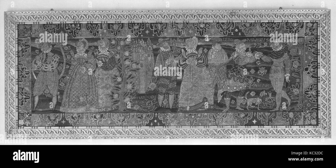 Ester e Assuero, ca. 1600, francese, lana e seta su tela, H. 27 x W. 65 1/2 pollici (68,6 x 166.4 cm), Textiles-Embroidere Foto Stock Ester e Assuero, ca. 1600, francese, lana e seta su tela, H. 27 x W. 65 1/2 pollici (68,6 x 166.4 cm), Textiles-Embroidere Foto Stock