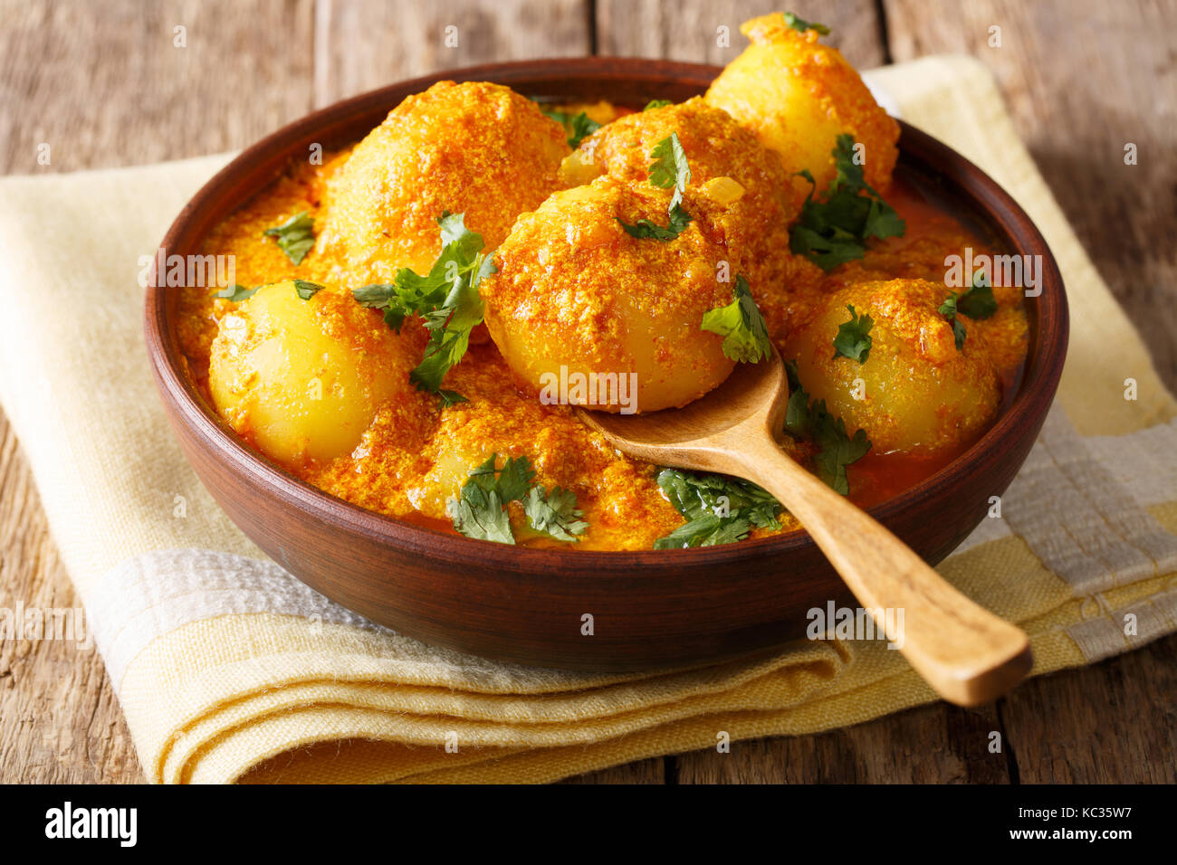 Dum del Kashmir, aloo: patate speziate con salsa closeup sulla piastra della tavola orizzontale. Foto Stock