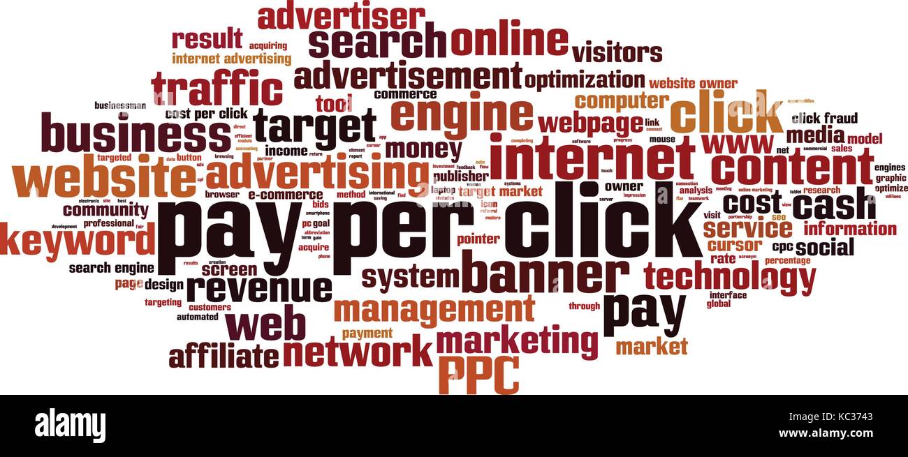 Pay per click parola concetto di cloud computing. Illustrazione Vettoriale Illustrazione Vettoriale