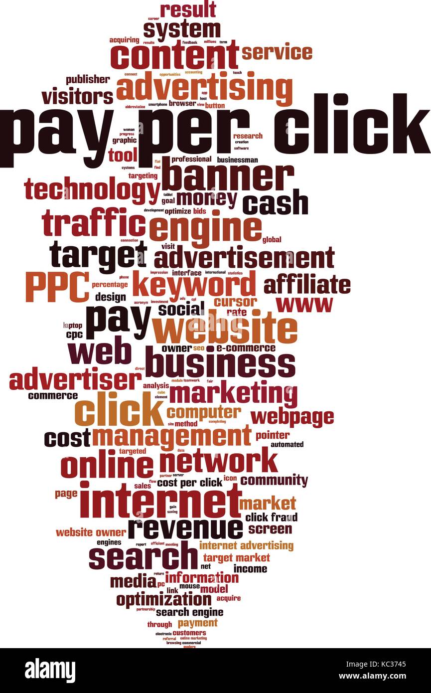 Pay per click parola concetto di cloud computing. Illustrazione Vettoriale Illustrazione Vettoriale