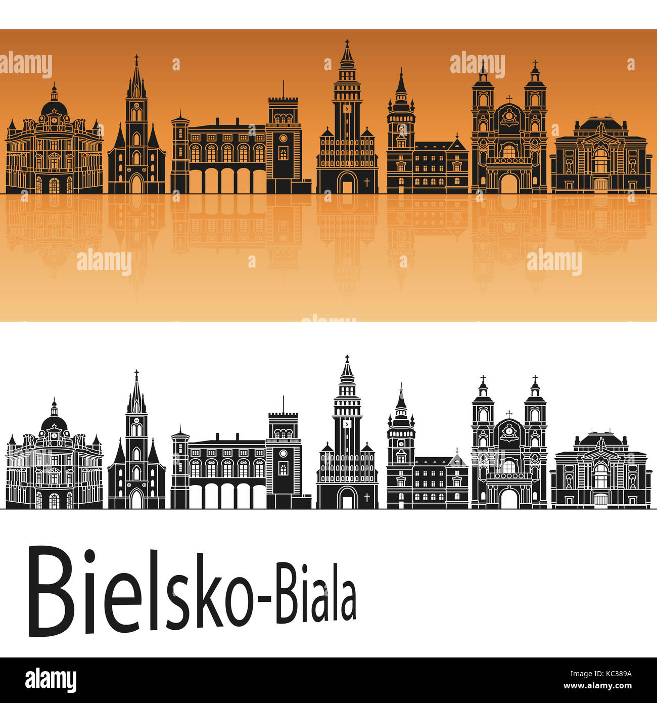 A Bielsko Biala skyline di sfondo arancione nella modificabile file vettoriali Foto Stock