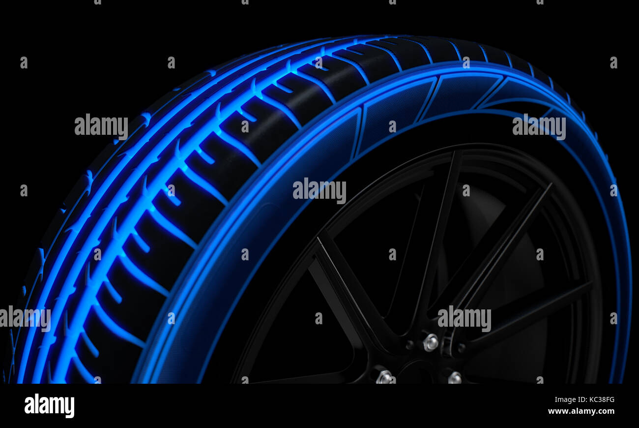 Un moderno e sportivo a basso profilo pneumatico con blu brillante futuristico modelli su un dark moody di sfondo per studio - 3D render Foto Stock