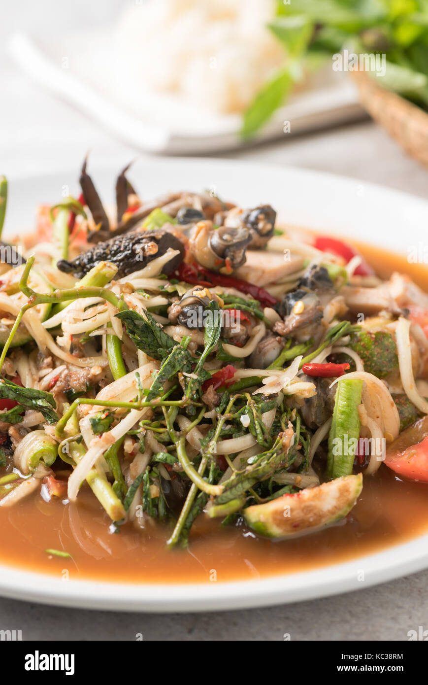 Thai piccante insalata di papaia con salsiccia di maiale salata, granchio, Scotti lumaca e riso appiccicoso: popolare cucina thai e cibo Foto Stock