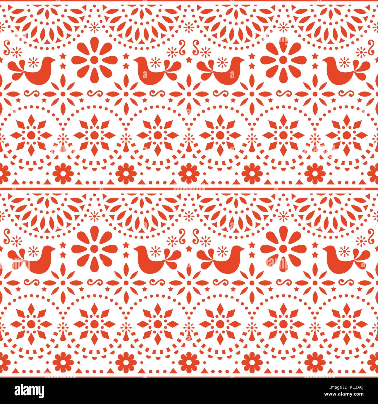 Arte popolare messicana vector seamless pattern con uccelli e fiori, rosso fiesta design ispirato dalla tradizionale forma d'arte messico Illustrazione Vettoriale