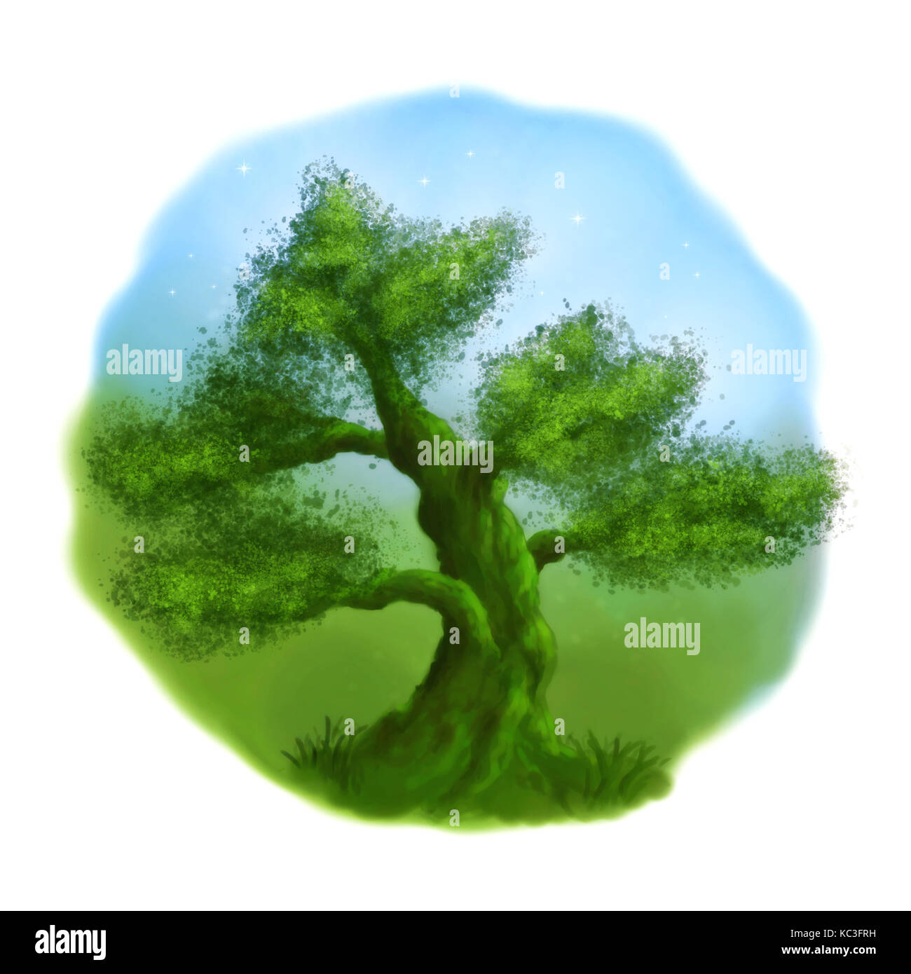 Felice foglia verde albero sotto un blu stellato del cielo della sera (stilizzata dipinte a mano paesaggio rotondo isolato su sfondo bianco) Foto Stock
