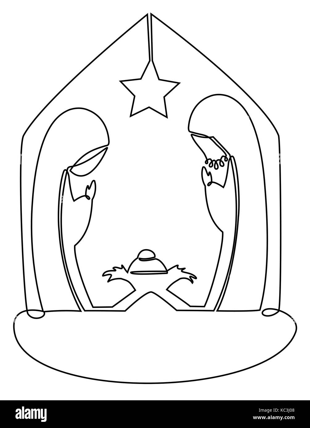 Presepe con la santa famiglia e un disegno della linea Illustrazione Vettoriale