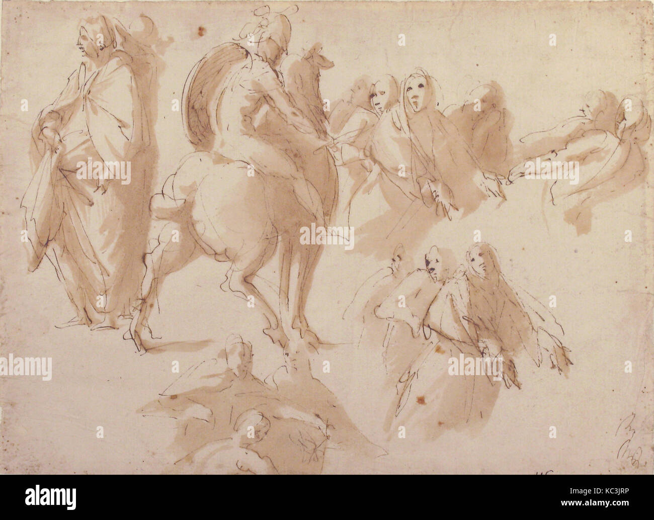 La figura studi: guerriero a cavallo e gruppi di standing figure femminili, Francesco Curia, 1565-1608 Foto Stock