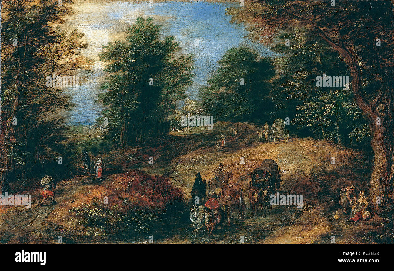 Paesaggio con i viaggiatori su un sentiero di bosco, Jan Brueghel il sambuco, ca. 1607 Foto Stock