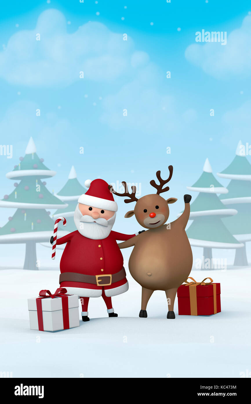 Babbo Natale E Una Renna Con I Regali Di Natale In Un Paesaggio Innevato Foto Stock Alamy