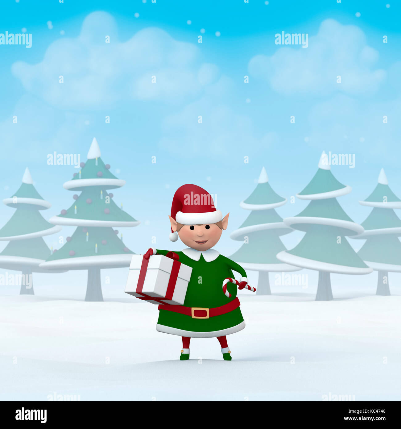 Un Natale elf tenendo un regalo di Natale e un candy cane in un paesaggio innevato. Foto Stock