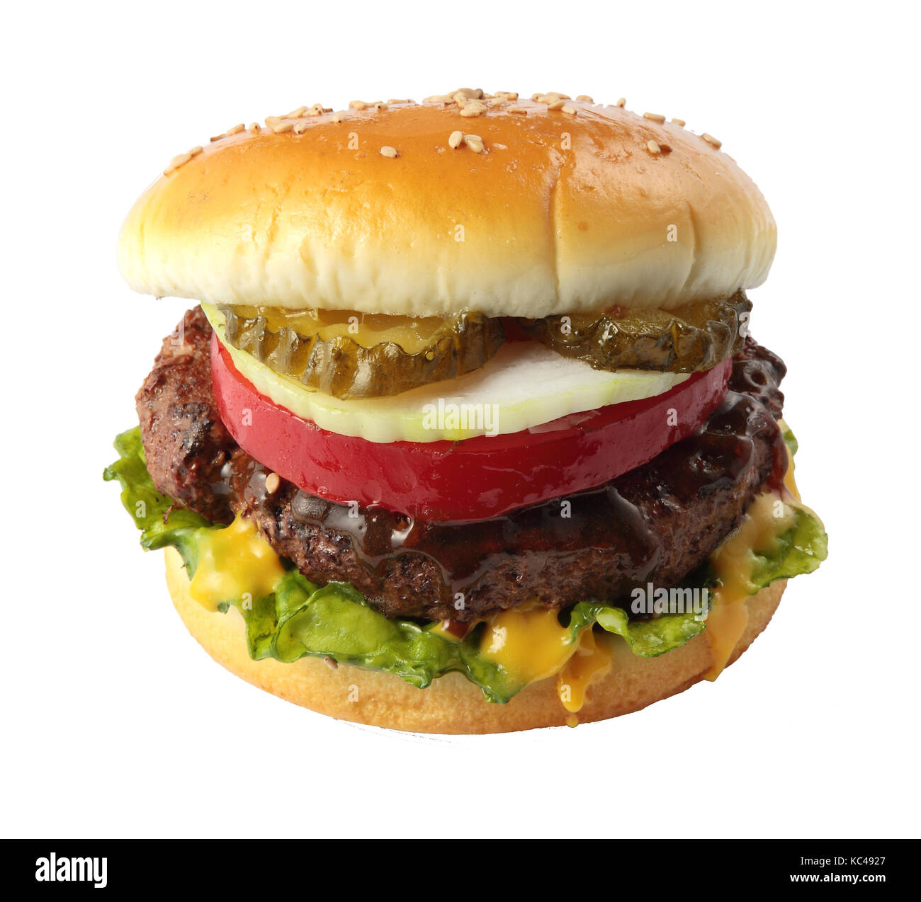 Deliziosi hamburger isolato su sfondo bianco Foto Stock