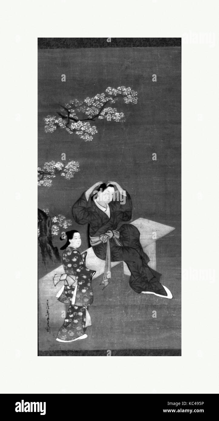 Il legame della donna i suoi capelli e dell'operatore sotto la fioritura Ciliegio, nello stile di Miyagawa Chōshun, XVIII secolo Foto Stock