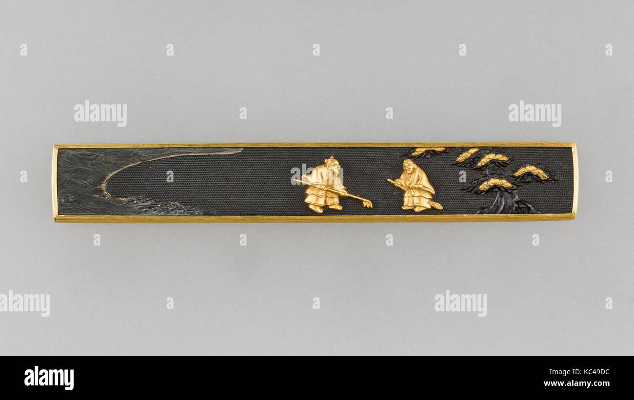 Coltello manico (Kozuka), XVIII secolo, Giapponese, rame-lega d'oro (shakudō), oro, argento, L. 3 13/16 in. (9,7 cm); W. 9/16 in Foto Stock