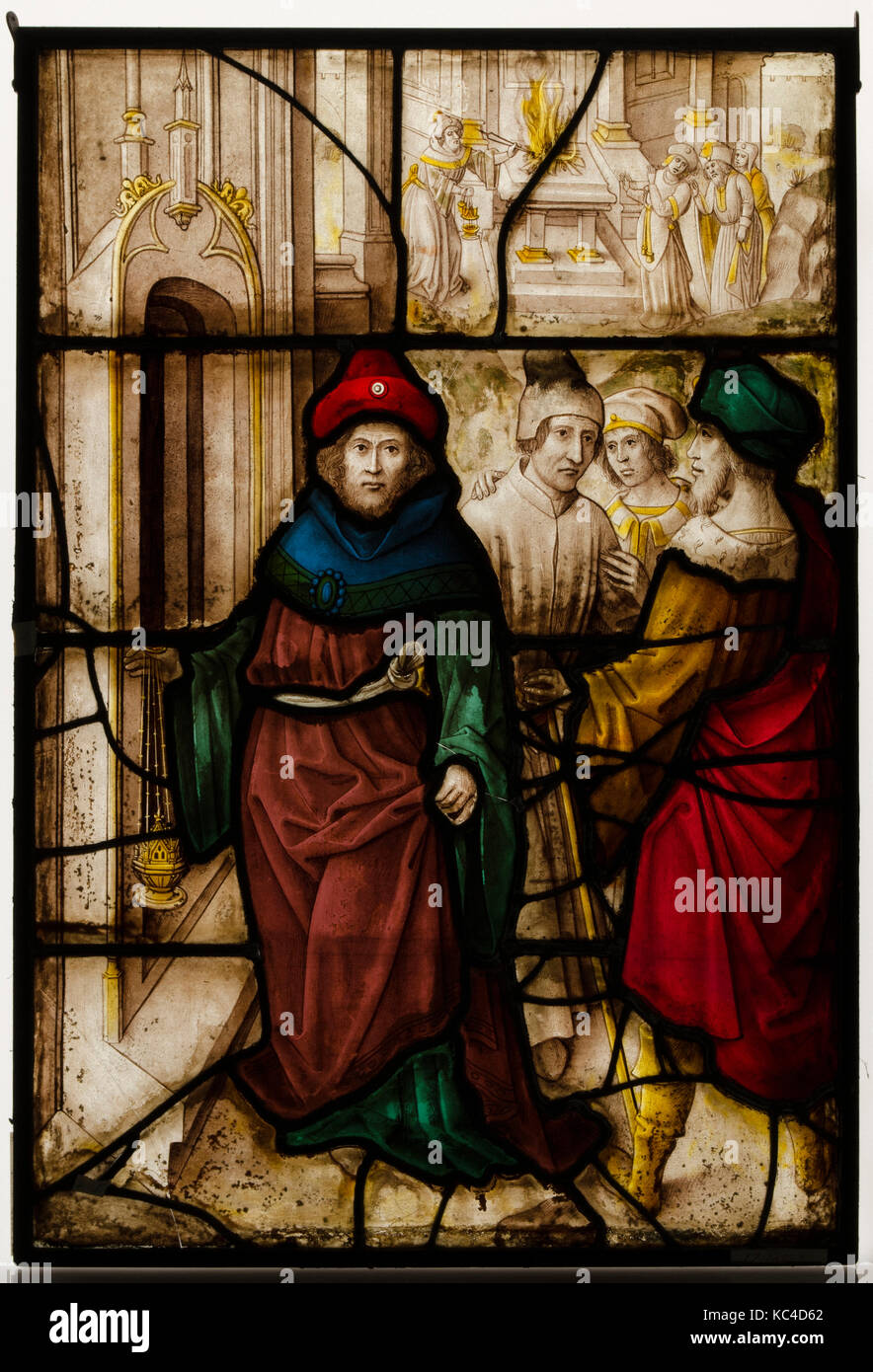 Il pannello di vetro con la profanazione di Gerusalemme e i sacri riti del tempio, del XVI secolo Foto Stock