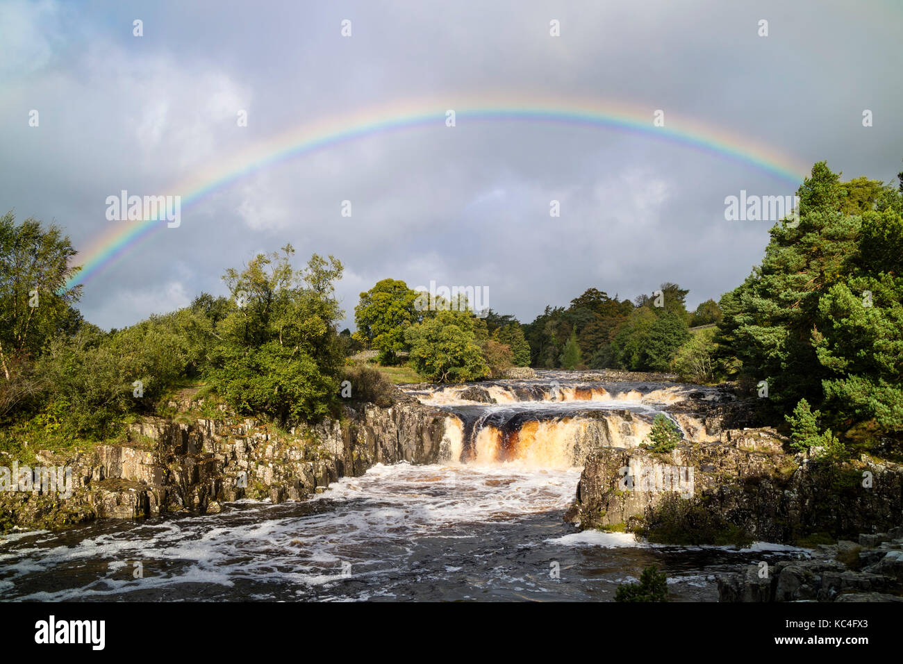 Bassa forza, Teesdale, County Durham, Regno Unito. 2 Ottobre, 2017. Regno Unito Meteo. Un bellissimo arcobaleno forme più bassa forza cascata sul Fiume Tees come forti venti unità pesanti docce a pioggia attraverso Teesdale superiore nella Contea di Durham. Credito: David Forster/Alamy Live News Foto Stock