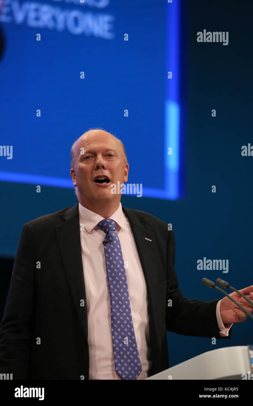 Manchester, Regno Unito. 2 Ottobre, 2017. Christopher Stephen temolo, il partito conservatore britannico politico ed ex autore che è il Segretario di Stato per i trasporti che parla al partito Tory Conference di Manchester,2° ottobre, 2017 Credit: Barbara Cook/Alamy Live News Foto Stock
