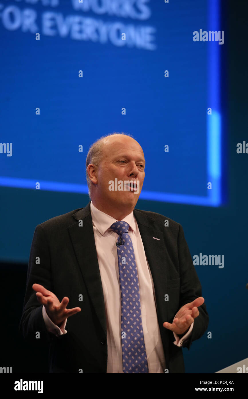 Manchester, Regno Unito. 2 Ottobre, 2017. Christopher Stephen temolo, il partito conservatore britannico politico ed ex autore che è il Segretario di Stato per i trasporti che parla al partito Tory Conference di Manchester,2° ottobre, 2017 Credit: Barbara Cook/Alamy Live News Foto Stock