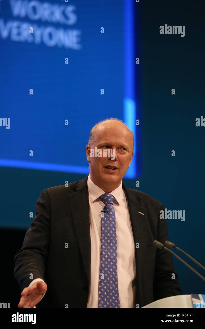 Manchester, Regno Unito. 2 Ottobre, 2017. Christopher Stephen temolo, il partito conservatore britannico politico ed ex autore che è il Segretario di Stato per i trasporti che parla al partito Tory Conference di Manchester,2° ottobre, 2017 Credit: Barbara Cook/Alamy Live News Foto Stock