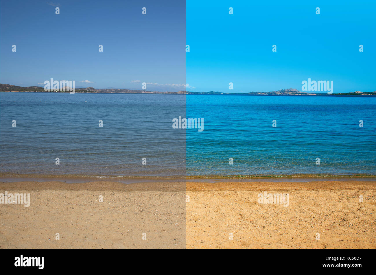 Immagine di una tranquilla spiaggia e mare prima e dopo l'immagine del processo di modifica Foto Stock